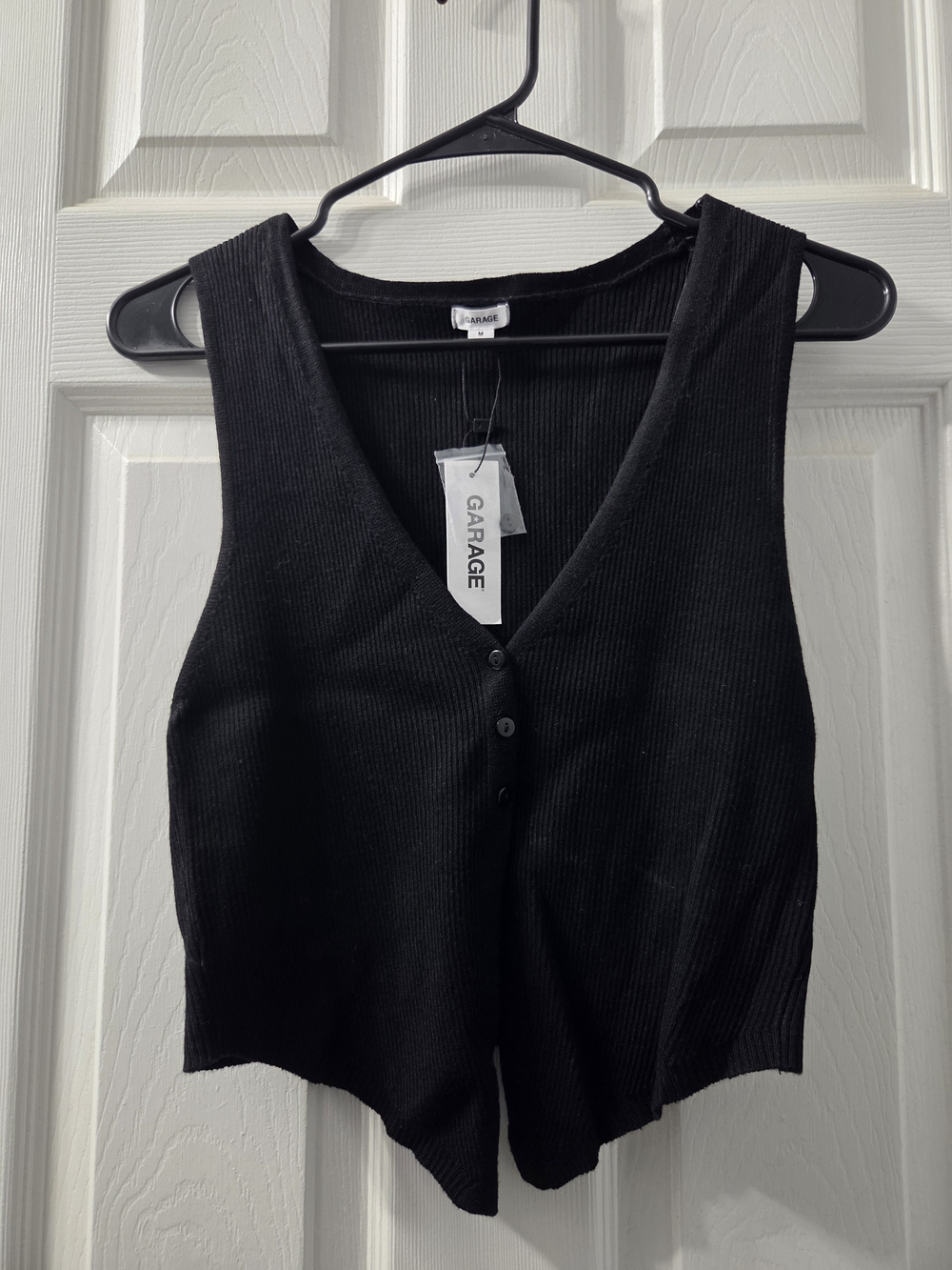Garage Black Ribbed V-Neck Crop Tank with Front Buttons
